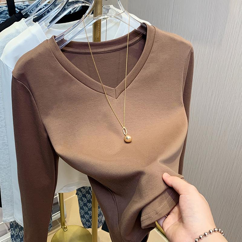 White V-neck Base Top for Women In Spring and Summer Long-sleeved T-shirt Updated Slim Fit and Slim Top