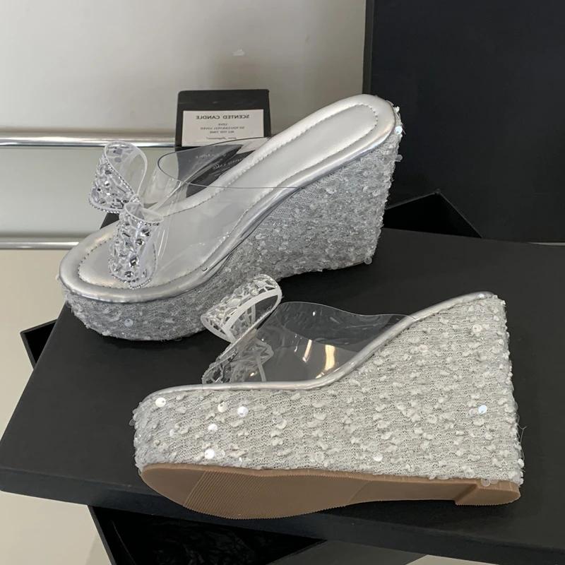 Summer PVC Transparent Butterfly-knot Sandals Women Open Toe Platform Wedges Heels Sequin Cloth Party Shoes
