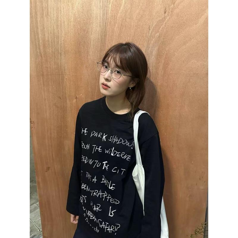 

Spring and Autumn Right-shoulder Pure Cotton Long-sleeved Women s Inner Wear American Loose White Top T-shirt Bottoming Shirt 3XL чорний