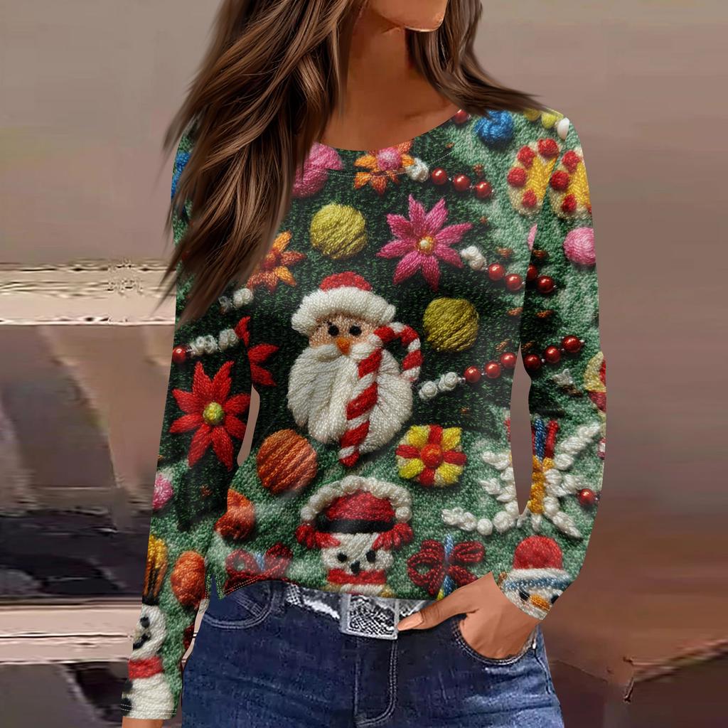 Women's Fashion Hem Slit Casual Christmas Printed Round Neck Long Sleeve Top