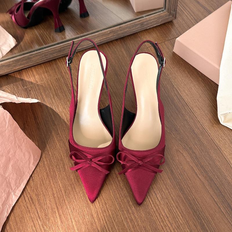 Bow Bag Head Shallow Mouth Rear Empty Sandals Women's New Satin Pointed Head Thin Heel High Heel Single Shoes