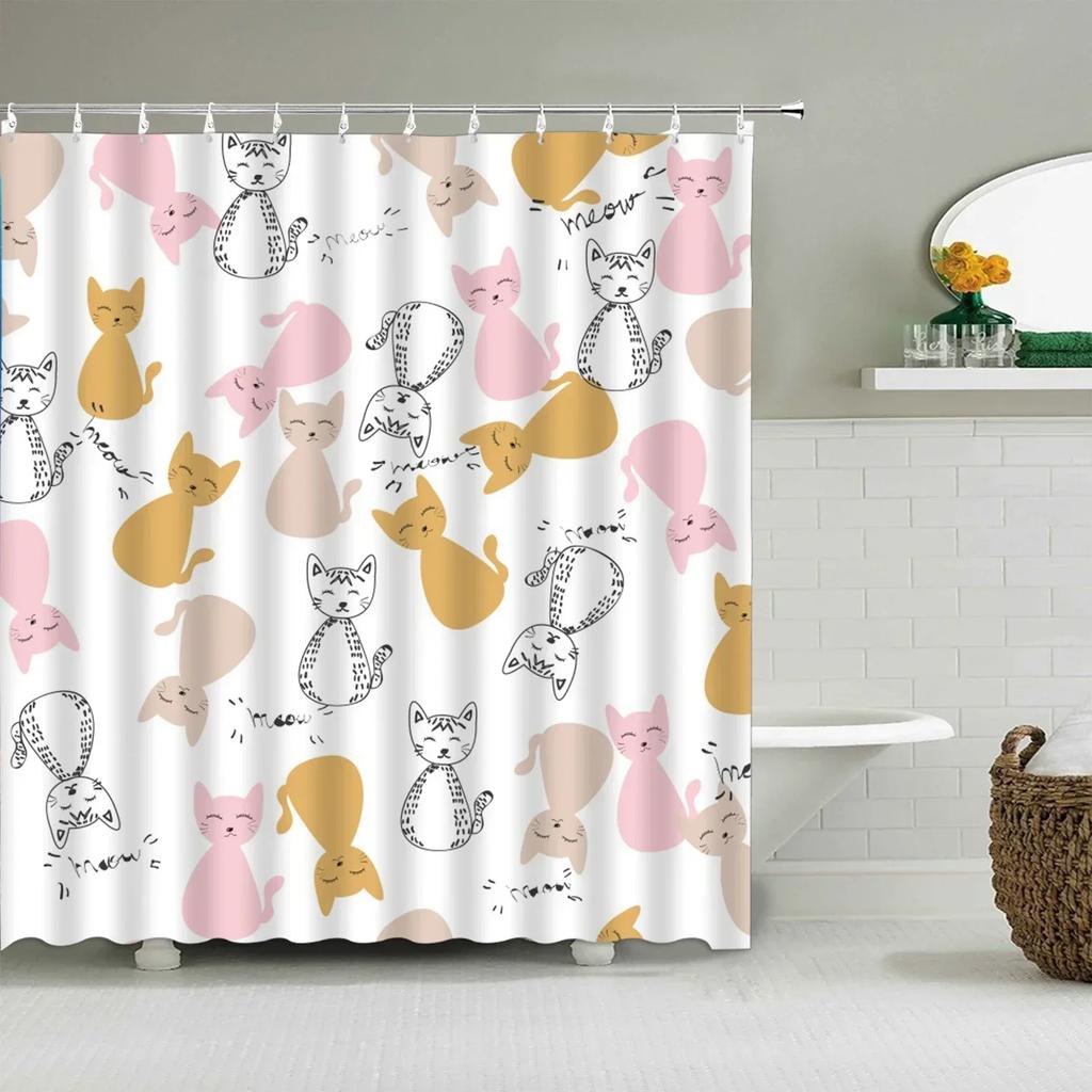Cartoon Cute Shower Curtain, Funny Animals Cat Rainbow Colorful Butterfly Kids Boys Girls Bathroom Bathtub Screen Decoration