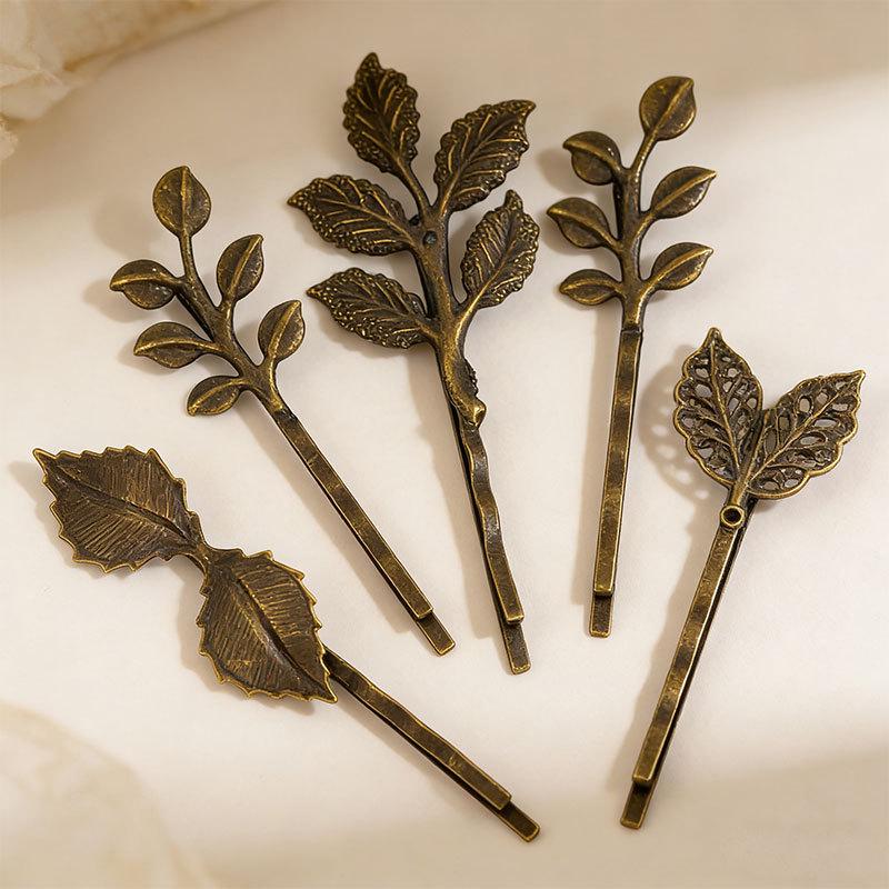 Vintage Bronze Leaf Hair Clip - Forest Feather Design