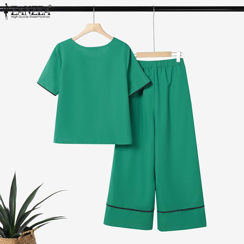 ZANZEA Women Short Sleeve Blouse and Pants Summer Two Piece Suit Sets