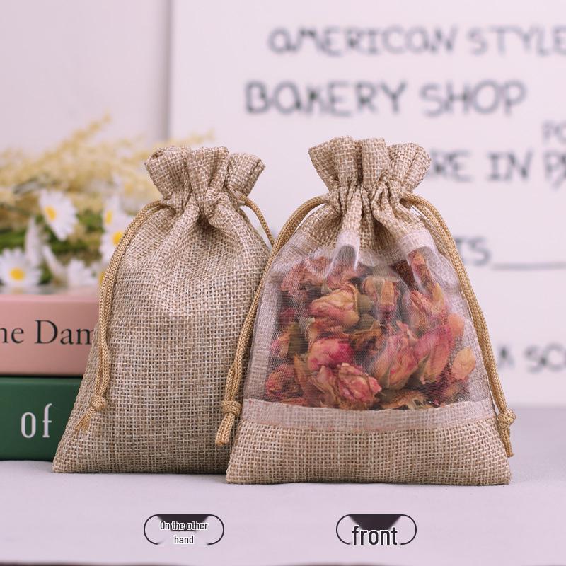 Super Source Hemp Drawstring Patchwork Mesh Bag for Cosmetics Organization