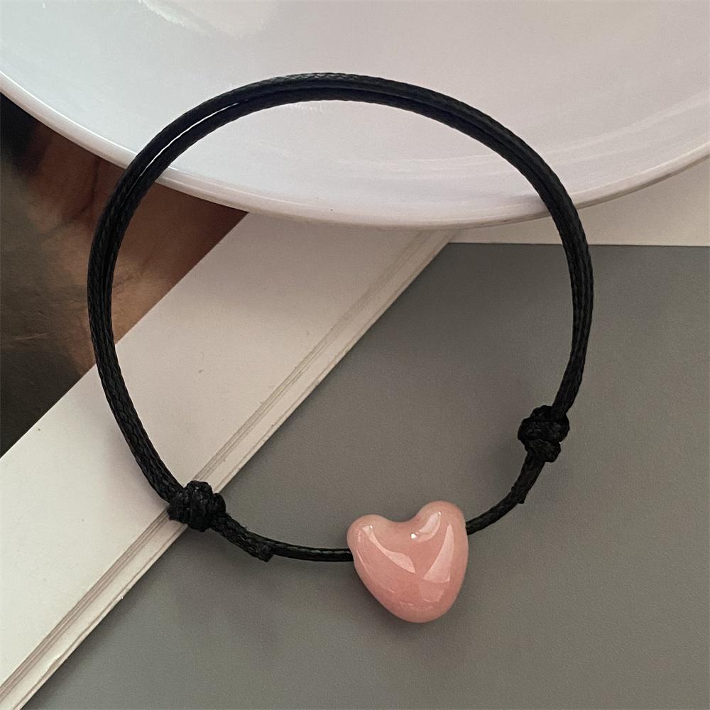 Ceramics Love Heart Bracelet Black Rope Adjustable Hand Bracelet for Girl Women Colorful Shiny Heart Accessories