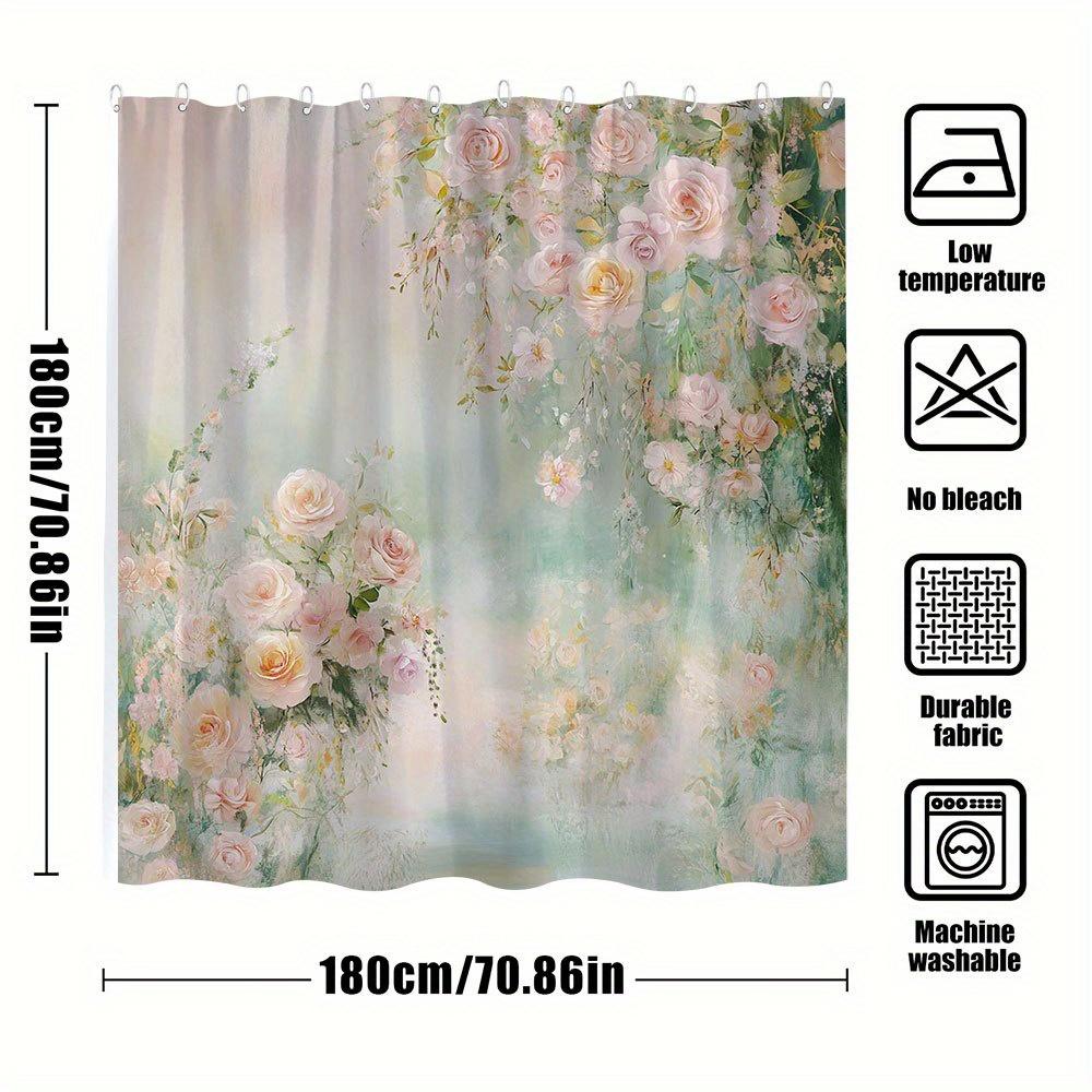1pc Watercolor Peonies Bathtub Curtain - Pink & White Blooms with Green Foliage, Soft Gradient Design, 12 Hooks Included