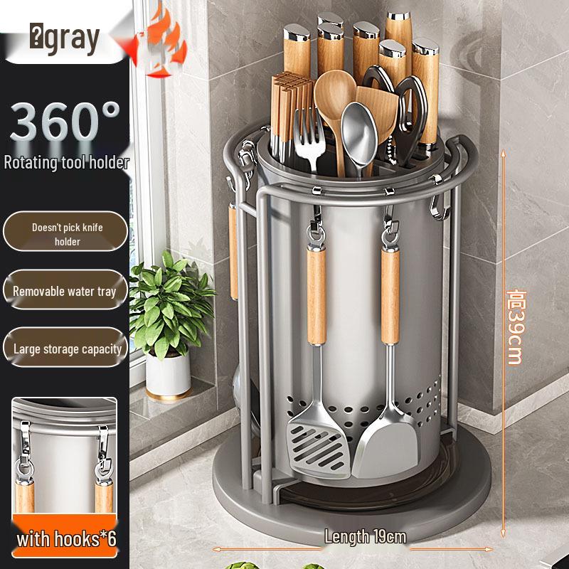 Rotating Kitchen Knife & Utensil Holder - Multifunctional Storage Rack for Knives, Spatulas, Spoons, and Chopsticks.