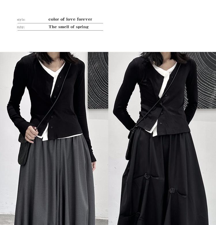 Women's 2024 Slim Fit Knit T-Shirt: Fake Two-Piece, Long-Sleeve for Spring & Autumn