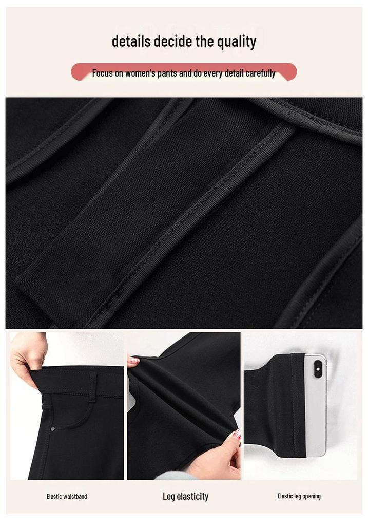 Women's Black High-Waisted Slim-Leg Pants - Velvet Lined, Elastic Waist, Tight-Fit, Petite, Ideal for Autumn/Winter.