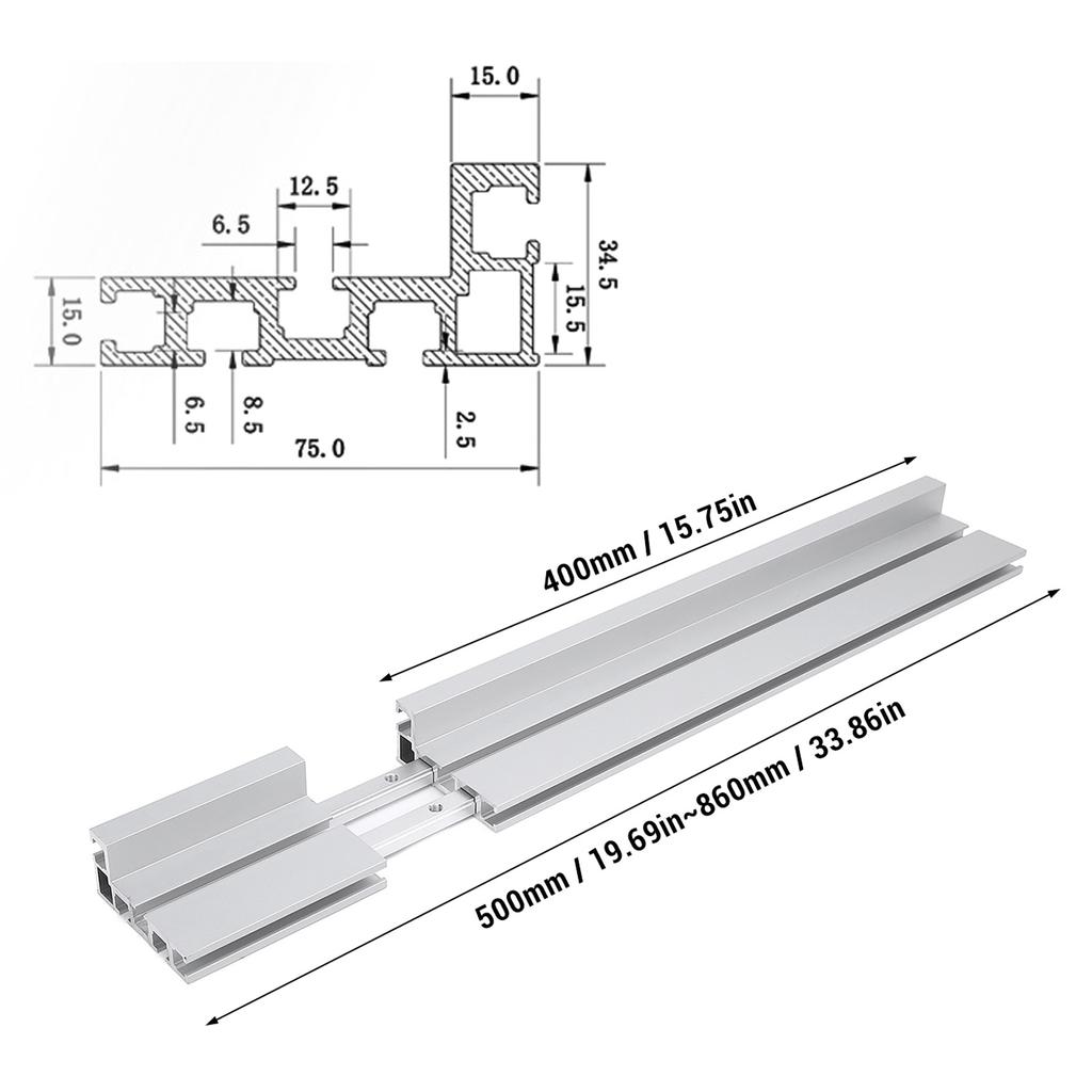 Miter Gauge Fence Aluminum Alloy 50-86cm Adjutsable Telescoping Miter Extension Fence for Woodworking Telescoping Miter Fence