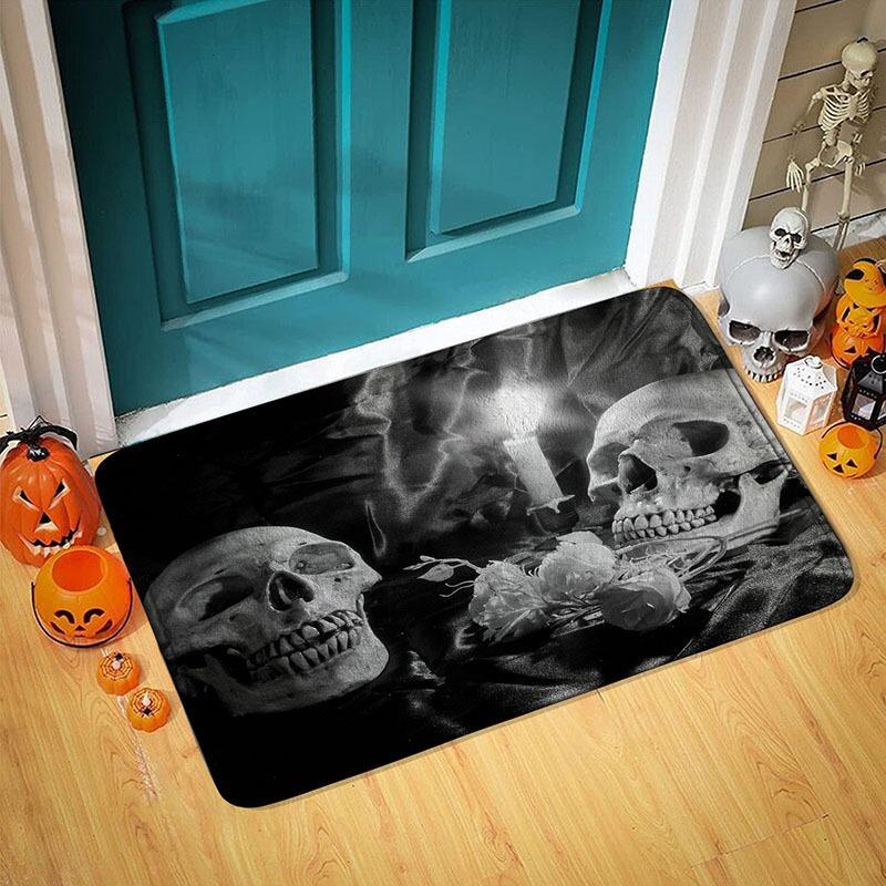 Halloween Themed Door Mat with Pumpkin Skull Reaper Pattern Non Slip Absorbent Outdoor Indoor Welcome Mat for Home Decor