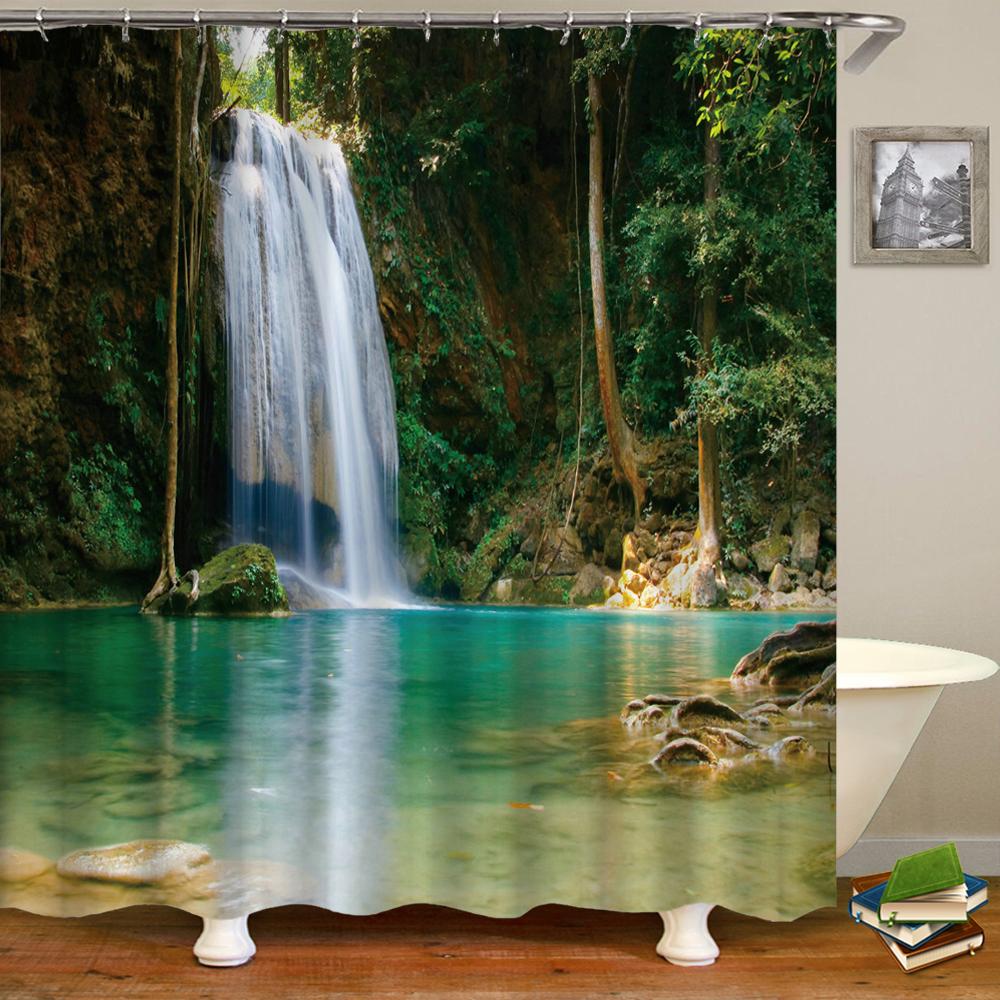 Cortina de chuveiro moderna com impressão 3D, floresta, planta verde, árvore, paisagem, cortina de banho com ganchos para banheiro, cenário à prova d'água