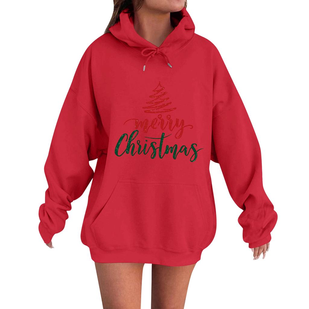 Women's Fashion Casual Long Sleeve Loose Christmas Print Hooded Sweatshirt