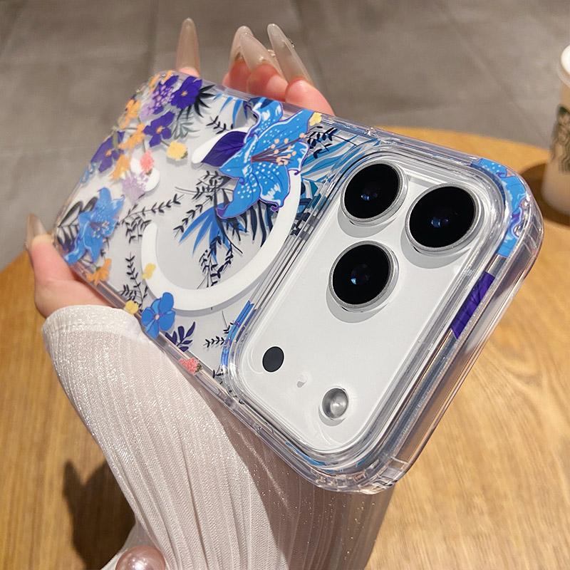 for IPhone 17 Air 16 15 14 13 12 Pro Max Clear Hard Acrylic Cover Luxury Glitter Flower for Magsafe Wireless Charge Magnet Case
