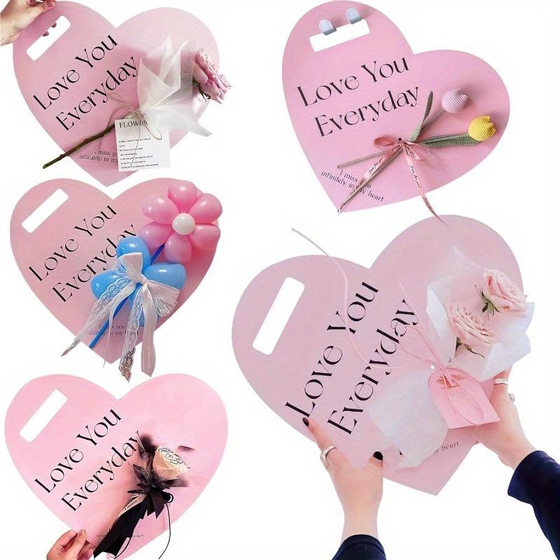 Handheld Flower Wrapping Box Heart Shaped Flower Tote Single Rose Bouquet Packaging Floral Boxes for Valentine's Day Mother's Day Wedding(Pink)