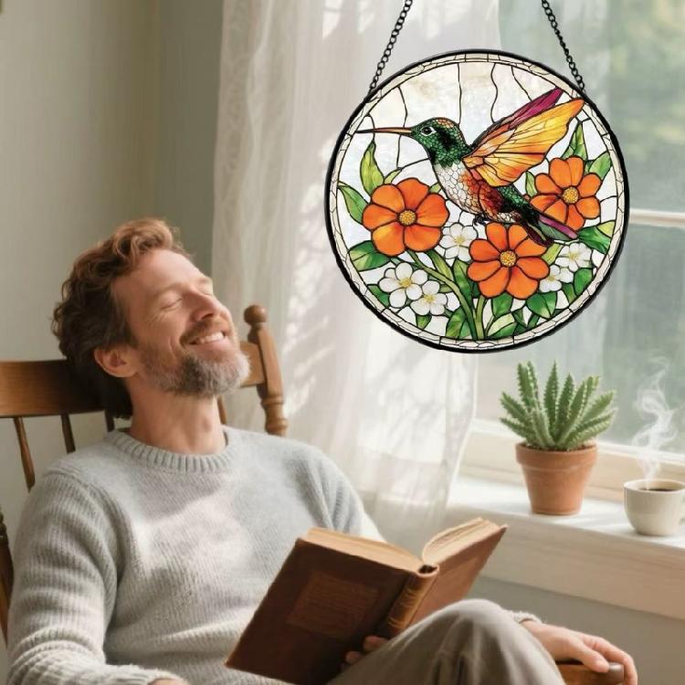 Flower Bird Patterned Stained Glass Sunlight Catcher Garden Decoration With Hanging Chain For Window Door Wall Display