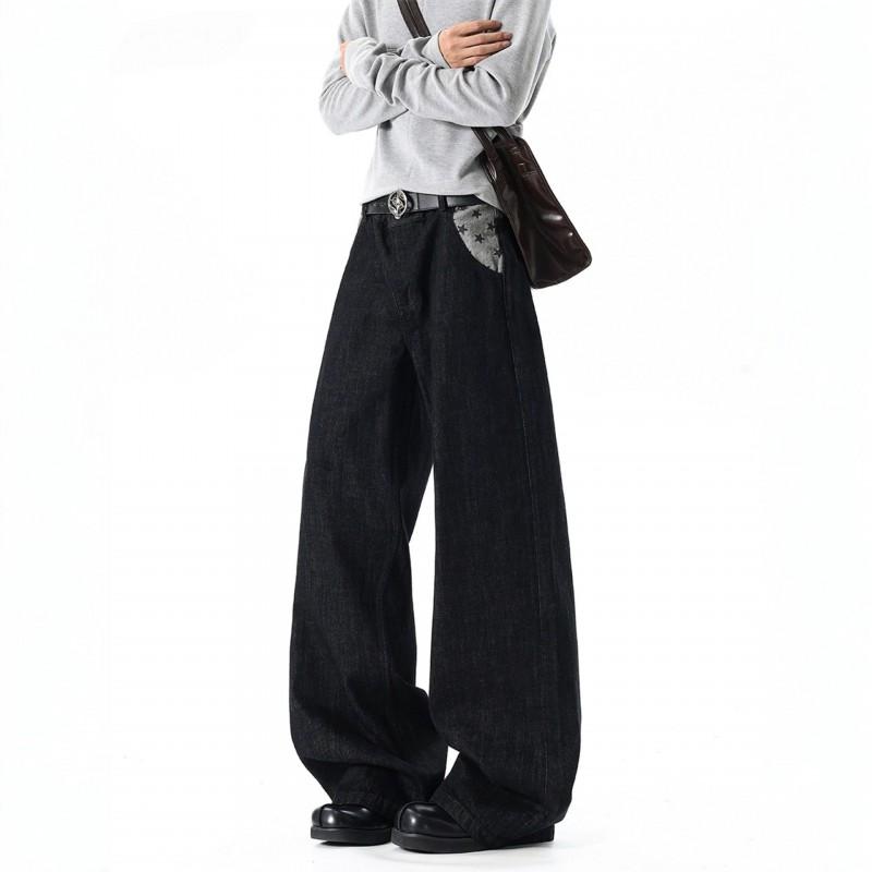 Mens Vintage High Street Flare Jeans Star Patchwork Original Denim Pants Casual Streetwear