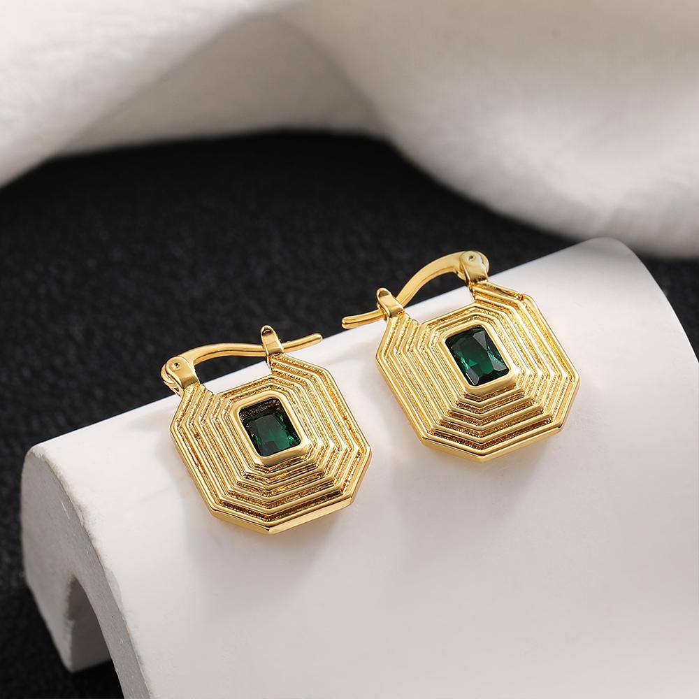 

Vintage Green Crystal Geometric Hoop Earrings for Women Gold Plated Polygonal Ear Buckle Small Hoops Piercing Zircon Brincos золотой