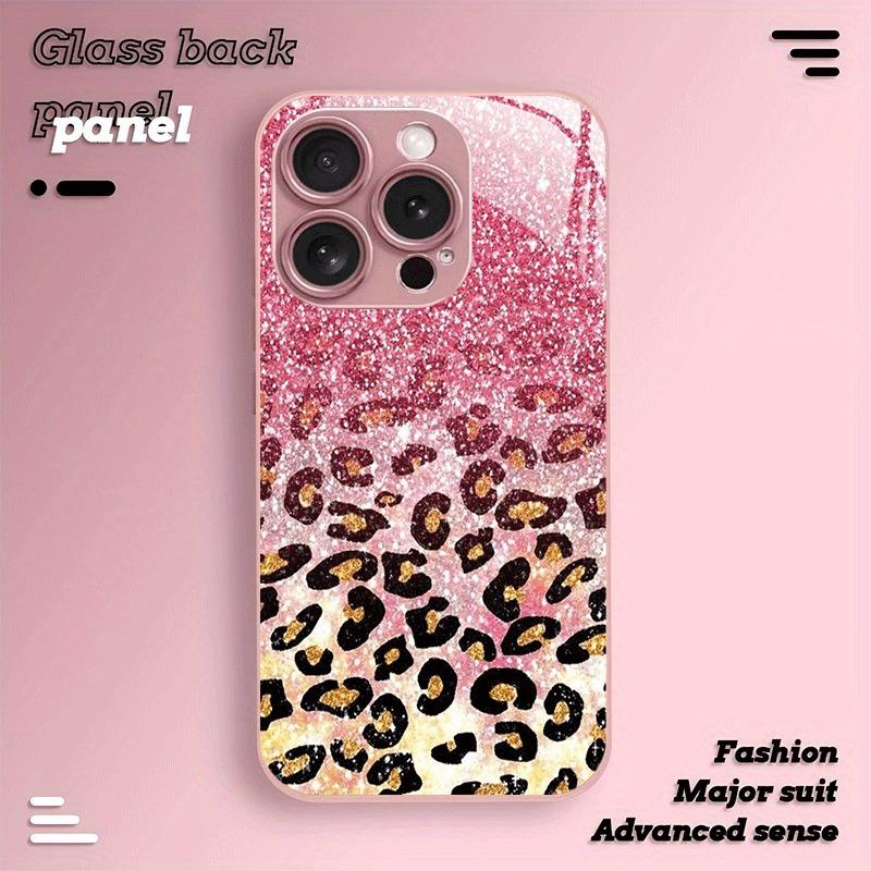 Třpytivý Gradientový Leopardí Vzor Růžová Metalická Barva Skleněné Pouzdro Na Telefon Pro iPhone 11 12 13 14 15 16 17 Pro Max Plus 17 Air 16E Kryt