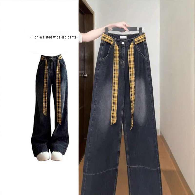 High-Waist Plaid Patchwork Wide-Leg Jeans M