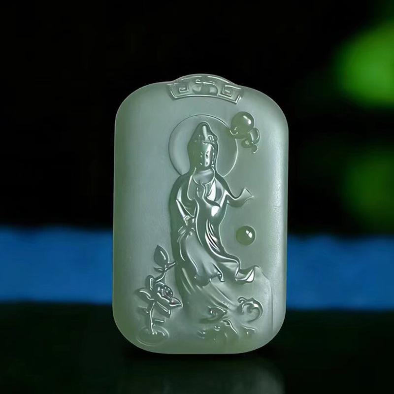 Hetian Jade Guanyin Pendant with Lotus Stand - White-Green Jade Necklace Ornament