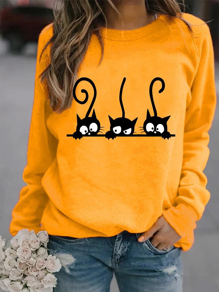 Women Winter Long Sleeved Casual Round Neck Black Cats Printed Loose Sweatshirt Tops & Blouses Plus Size T-shirts