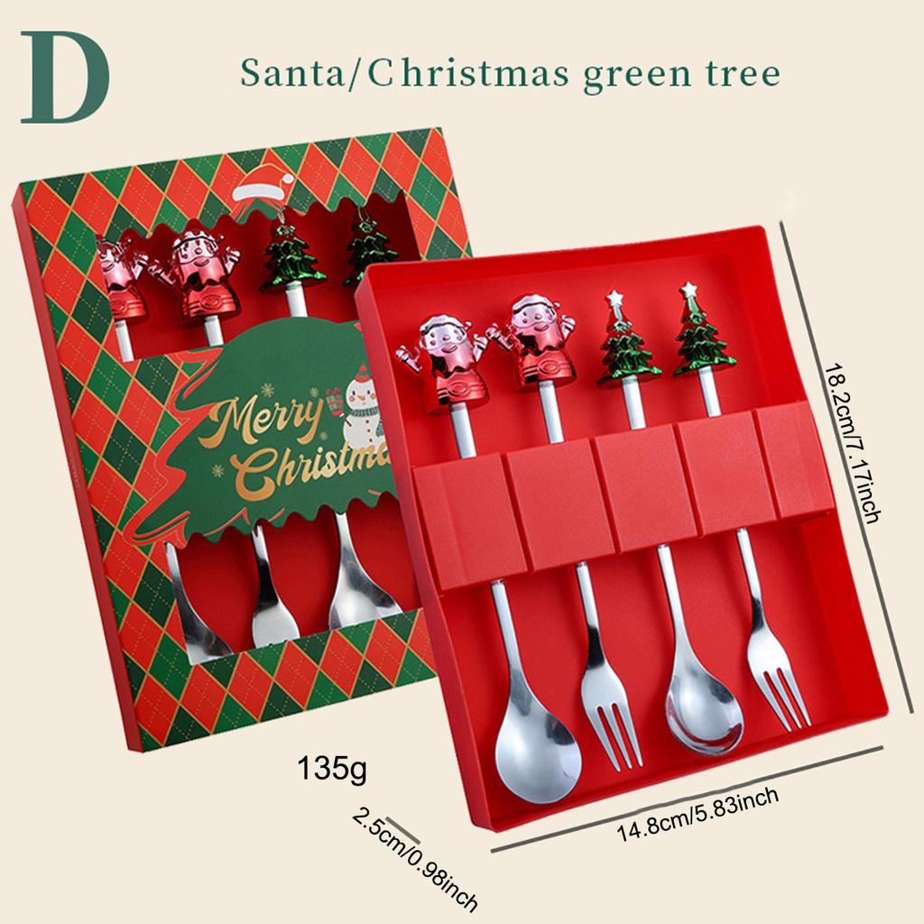 4Pcs Snowman Christmas Tree Cutlery Set Fork Spoon Dinnerware Set with Gift Box Stainless Steel Gold Flatware Party Tableware