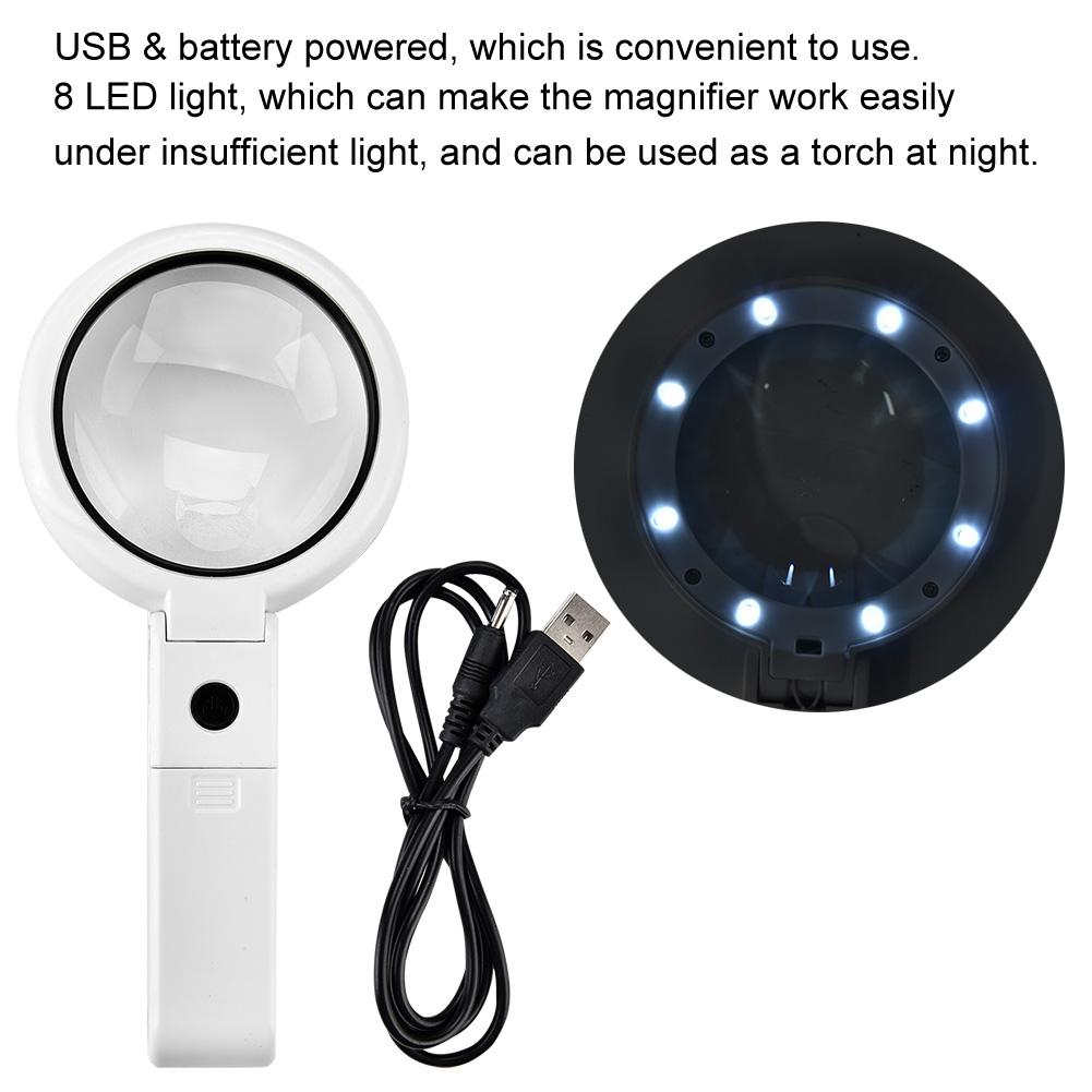 5 11X Magnifying Glass with 8 LED Light Hnadheld Desktop Multifunctional Reading Magnifier