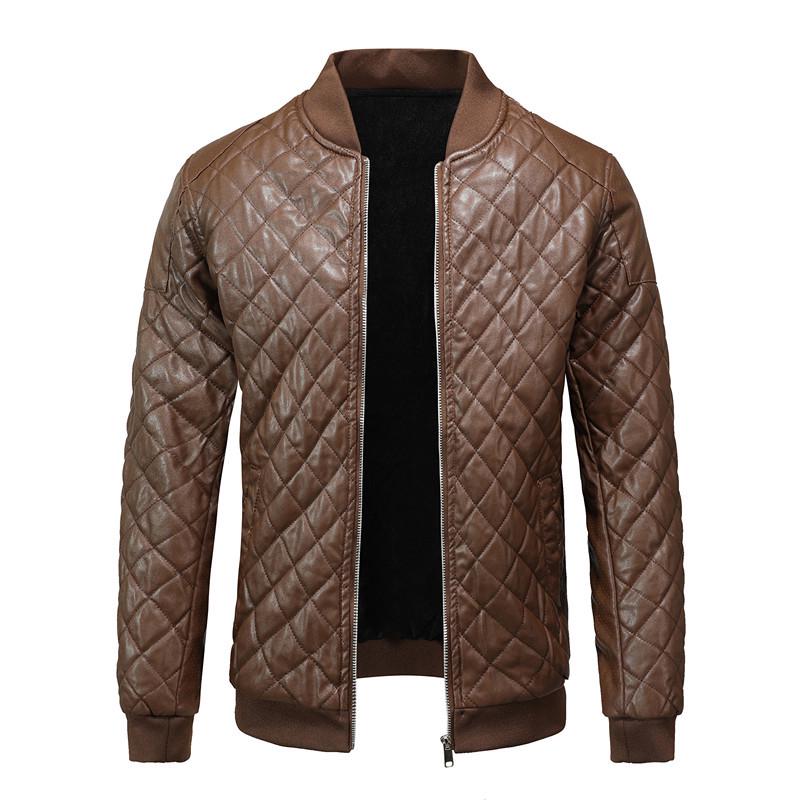 Men's Black Stand Collar Leather Jacket with Zipper Welt Pockets and Straight Hem for Autumn/Winter Casual Wear