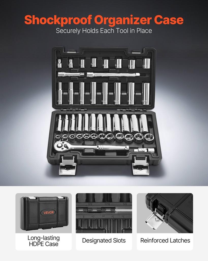 Socket Set, 44 Pieces, 9.5 Mm Drive Socket and Ratchet Set, SAE and Metric, Deep and Shallow, Mechanic Tool Kit with Accessories and Storage Case,