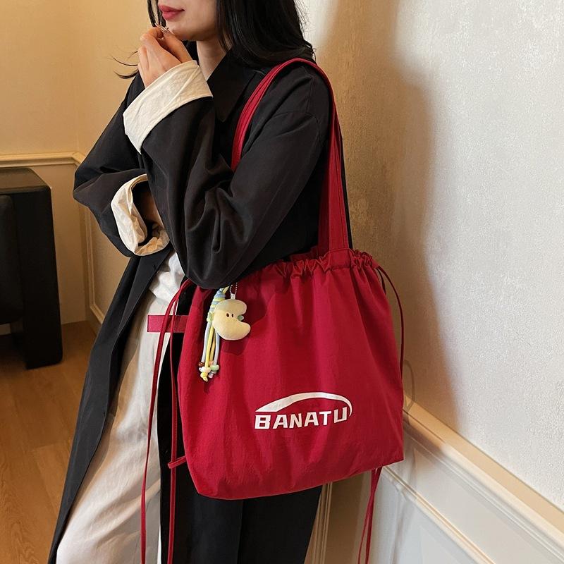 Large Capacity Bag Women's Shoulder Bag Drawstring Design Tote Bag Casual Nylon Cloth Bag Vacation Travel Portable Bag