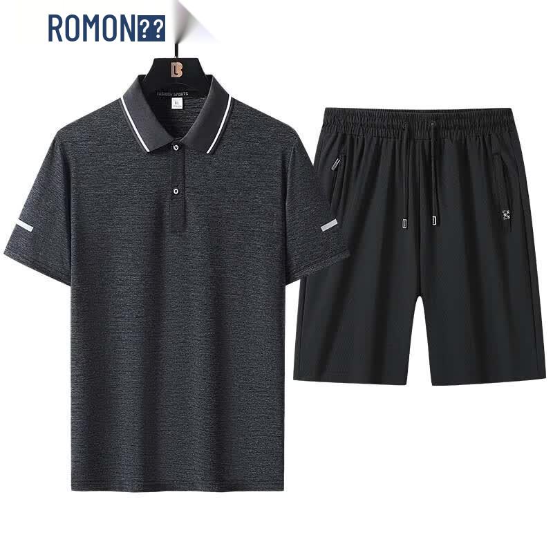 ROMON Men s Ice Silk Polo Sports Two-Piece Set 7XL