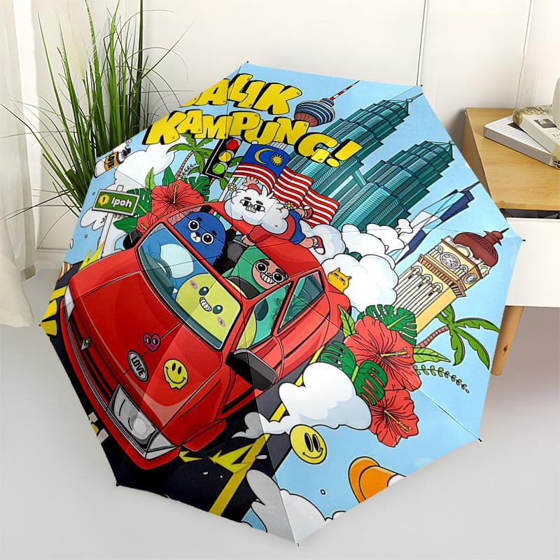 

1pc Outdoor Umbrella with Balik Kampung Print, Cute Characters, Automatic Opening/Closing, Portable 3-Fold Design, 8-Rib Iron Frame, Perfect Gi