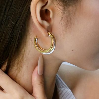 Jewelry Contrast Earrings Hollow Layered Cross C-shaped Earrings Stainless Steel Plated 18K Gold Earrings Women