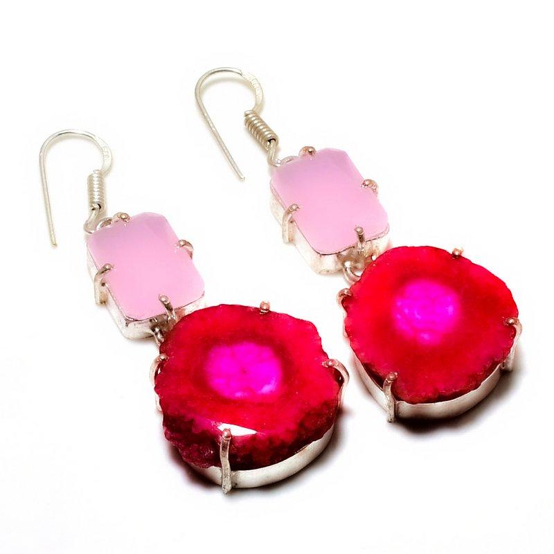 

Подарочные ювелирные серьги с розовым солнечным кварцем и розовым халцедоном размером 2,12 дюйма