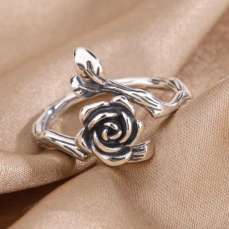 Chao Xiaobai Retro Aged Rose 925 Sterling Silver Ring - Simple and Elegant Japanese-Korean Design