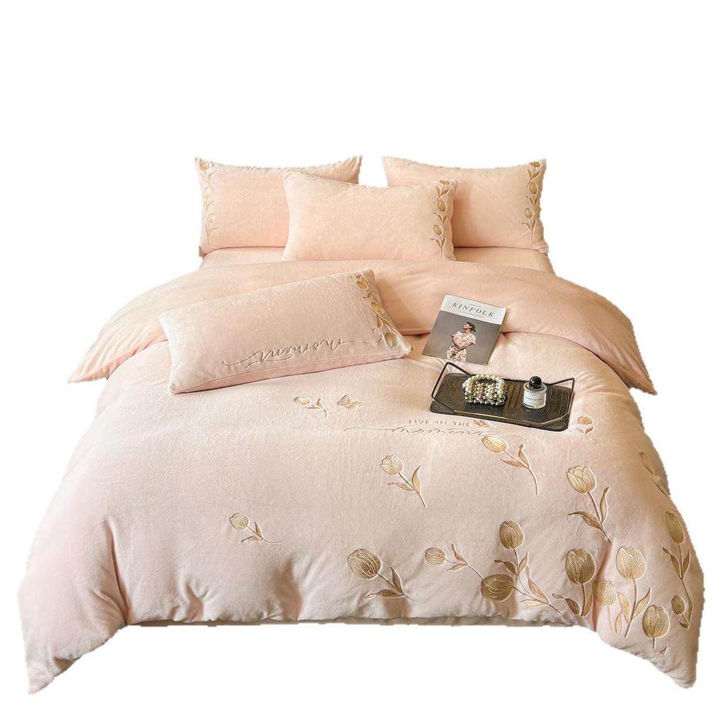 French Luxury Winter Fleece-Lined Velvet Bedding Set - Four-Piece High-Weight Double-Sided Fleece