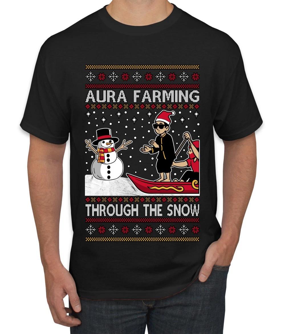 Aura Farming Through The Snow Meme Ugly Christmas Men s T- Shirt 3XL