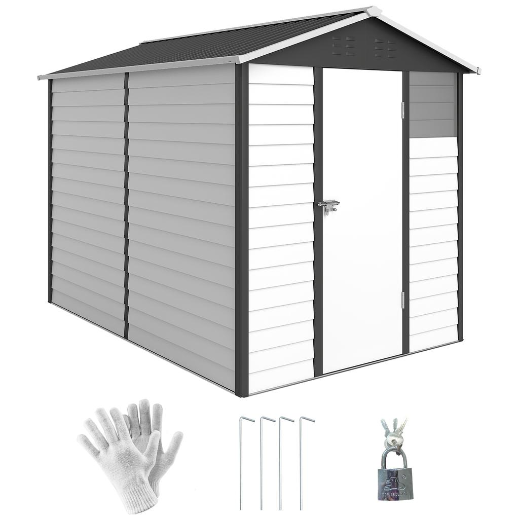 9x 6FT Metal Outdoor Garden Shed, Galvanised Tool Storage Shed W/ Sloped Roof, Lockable Door for Patio Lawn, Dark Grey