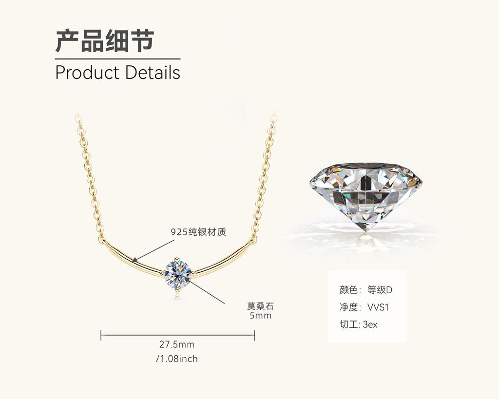 Silvere Glam Japanese And Korean Fashion 0.5-carat Moissanite Necklace, Simple Collarbone Chain For Women, S925 Sterling Silver Pendant
