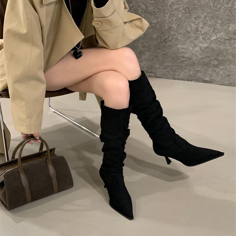 High Heel Pointed Khaki Suede Pile Boots Women's Shoes 2025 Autumn and Winter Single Boots Skinny Long Knight Boots