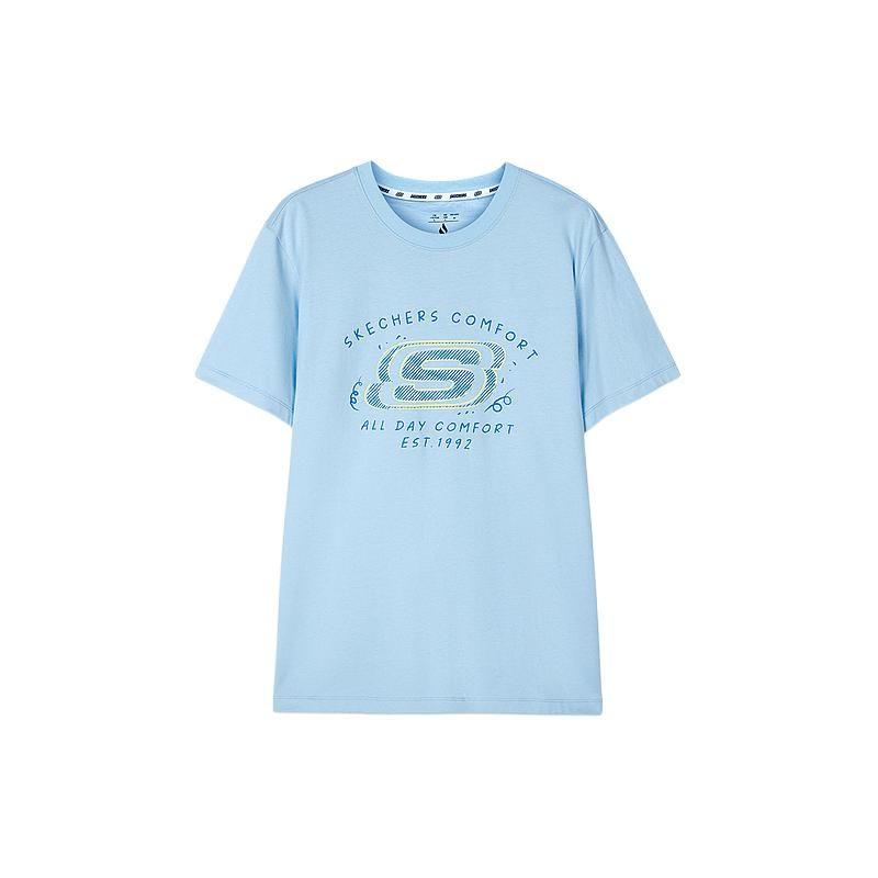Skechers Round Neck Printed Letter Breathable Dopamine Short Sleeve T-Shirt Unisex Tops Sky-Blue L224U073-0147 XS