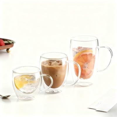 Copos de Vidro Resistente ao Calor de 150/250/350ml Copo de Café de Vidro de Parede Dupla com Alça Copo para Leite para Café da Manhã Copo para Água Copos Transparentes para Suco Cerveja
