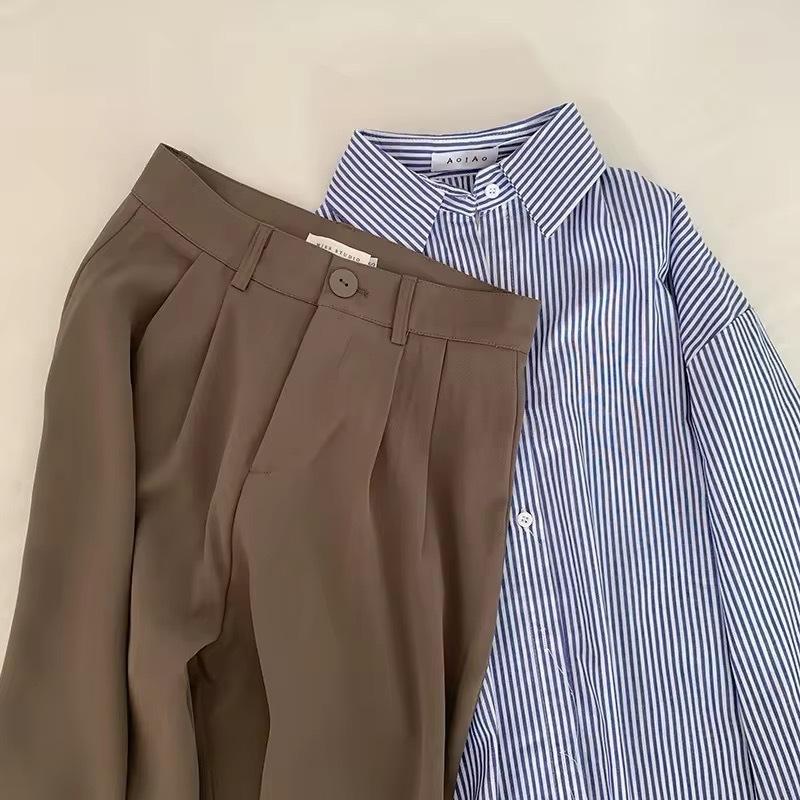 Herbst Damen Anzugshose Knopf Reißverschluss Hohe Taille Lange Hose Einfarbig Gerade Weites Bein Büro Dame Hose