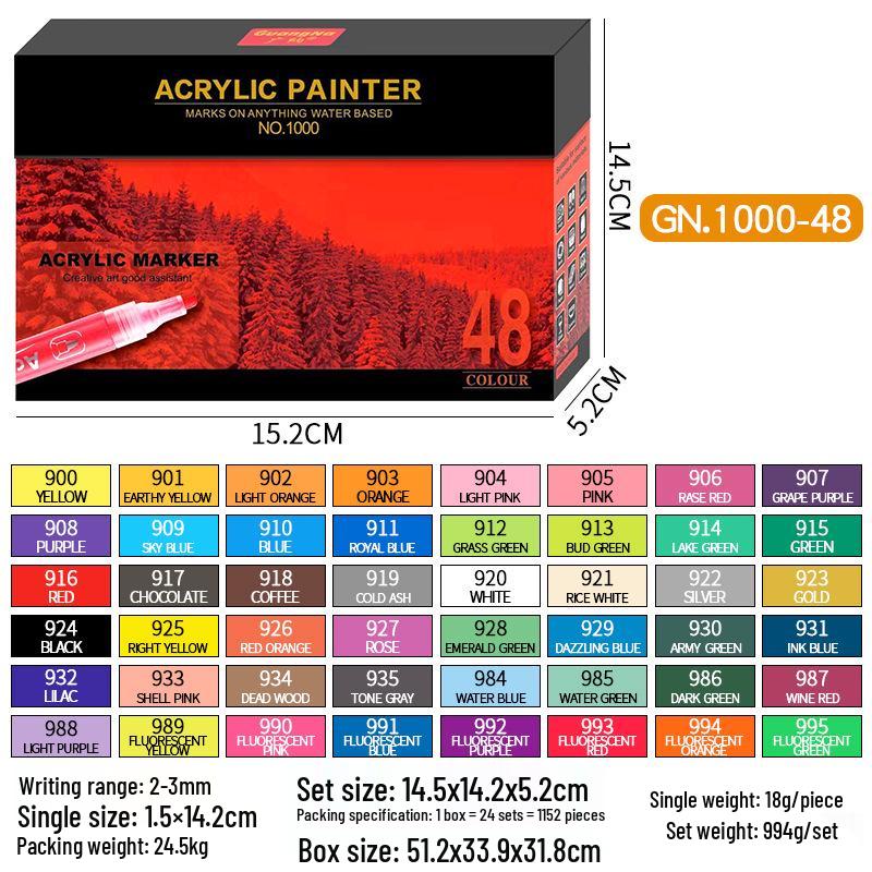 Guan Na 48-Color Waterproof Acrylic Markers for Ceramic, Stone, Graffiti & Coloring