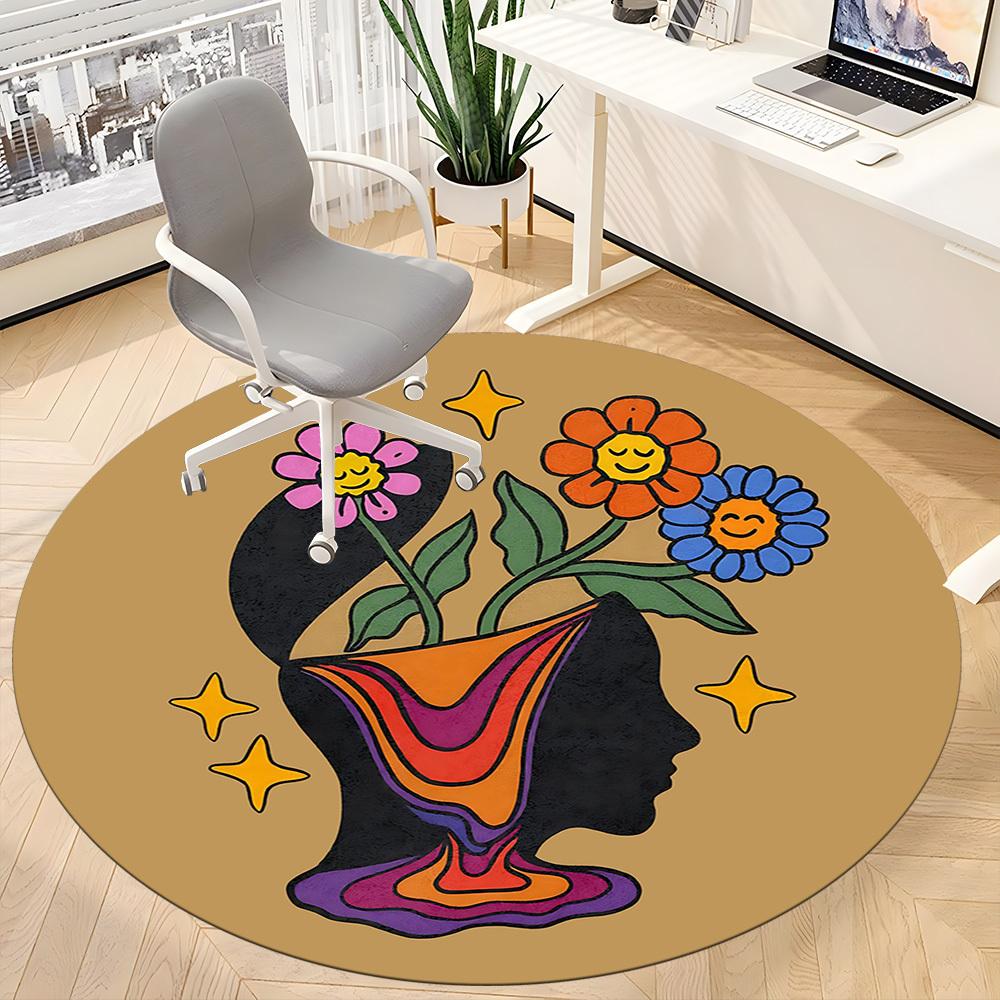 1 Stück Flower Power Büro Runder Teppich, Matte Geeignet Für Büro, Unter Bürostühlen Schlafzimmer Wohnzimmer Heimdekoration, Raum Deko