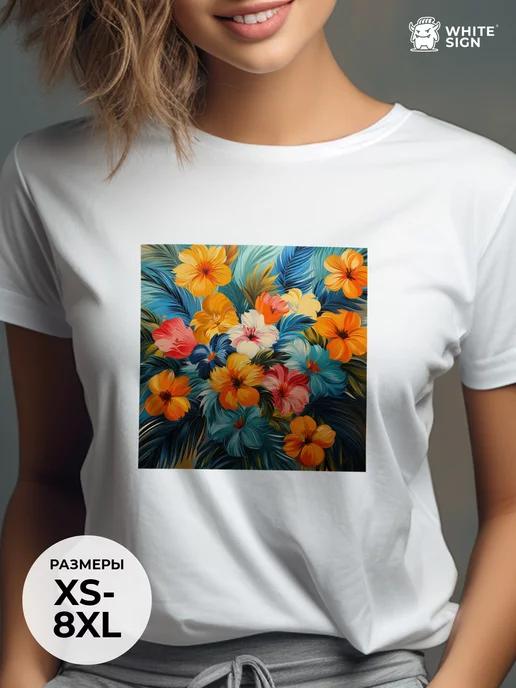 Bright oversized summer T-shirt with Flowers print M