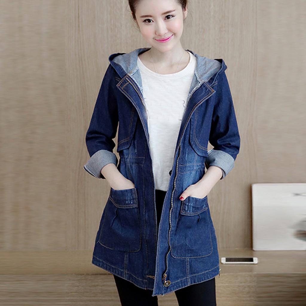 Fashion Women Jeans Top Denim Hoodie Blouse Long Sleeve Loose Coat