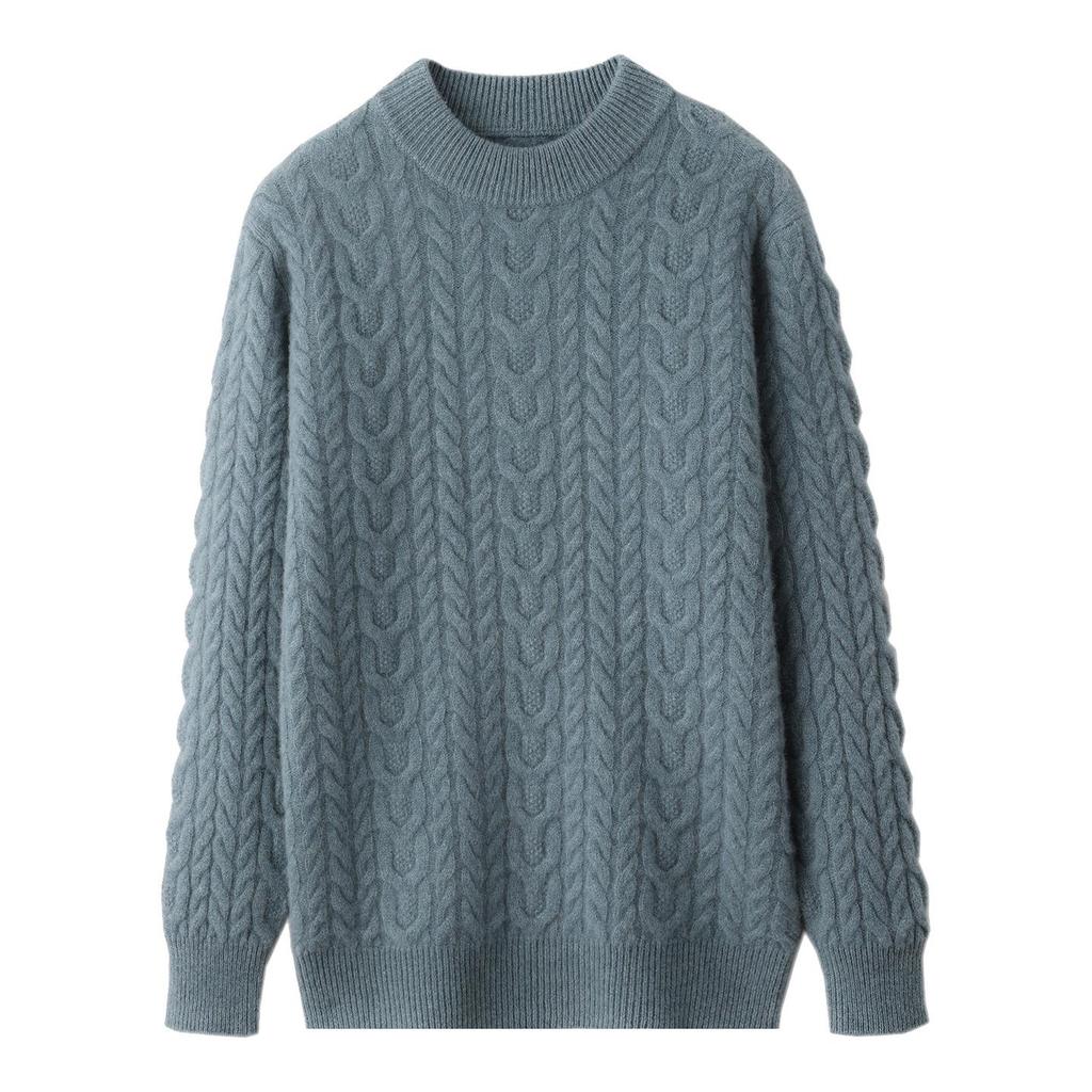 Men's Pure Wool Half High Neck Thick Pullover - Solid Color Loose Casual Knitted Cashmere Sweater
